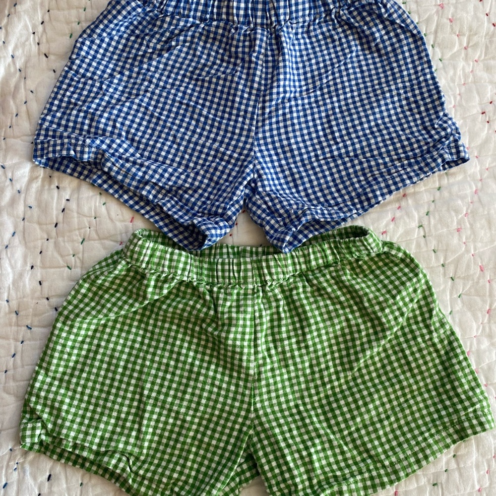 Set of 2 Blue and Green Gingham Elastic-Waist kids shorts, 4T